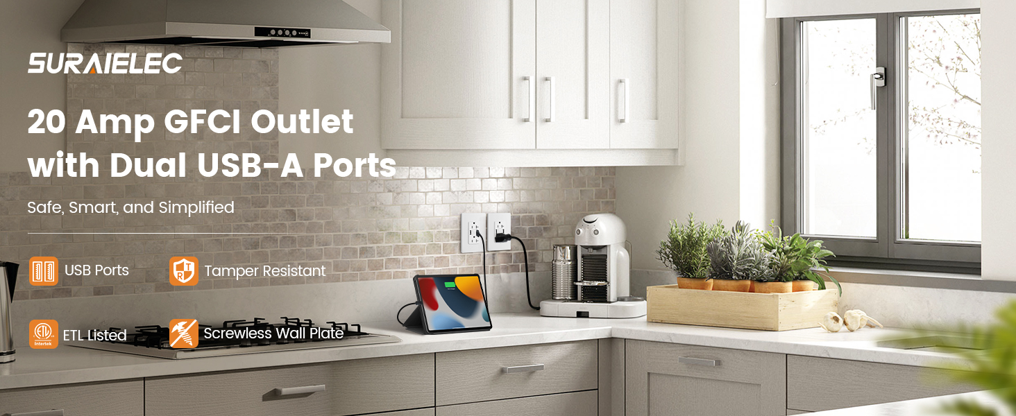 SURAIELEC 20 Amp GFCI Outlet with Dual USBA Ports, SelfTest GFCI