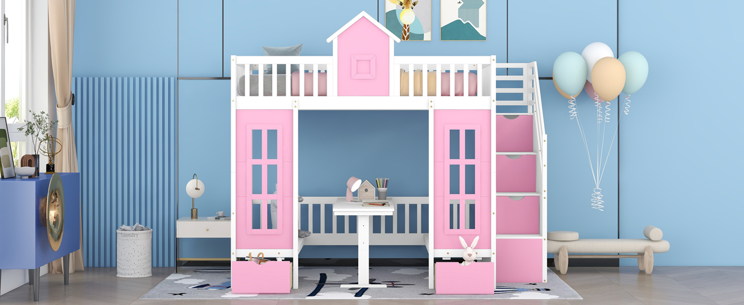 MERITLINE Twin Loft Beds with Stairs and Desk, Wooden