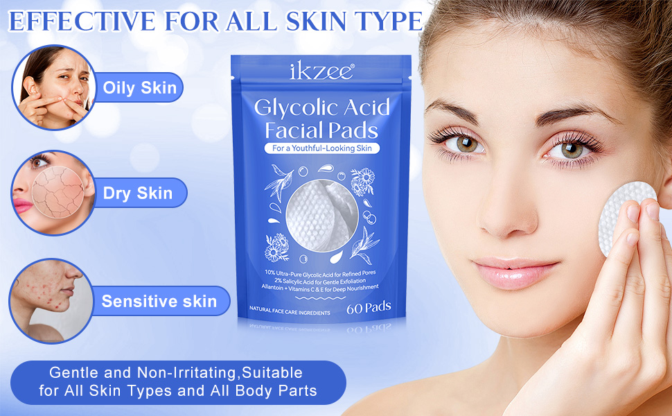 Glycolic Acid Pads,Glycolic Acid Peel Pads with 10% Ultra Pure Glycolic + 2% Salicylic Acid,Cleansing Pads for Face & Body with Vitamins B3, C & E, Green Tea, Calendula, Allantoin - 60 Pads 17 ikzee果酸棉片60p-4