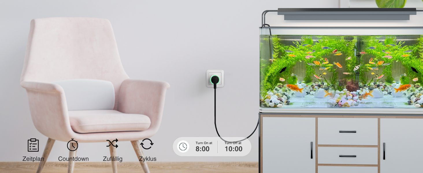 Wohnzimmereinrichtung mit rosafarbenem Sessel und Aquarium auf weißem Schrank. Die Symbole stehen für WLAN, App-Steuerung und einstellbare Beleuchtungsfunktionen.