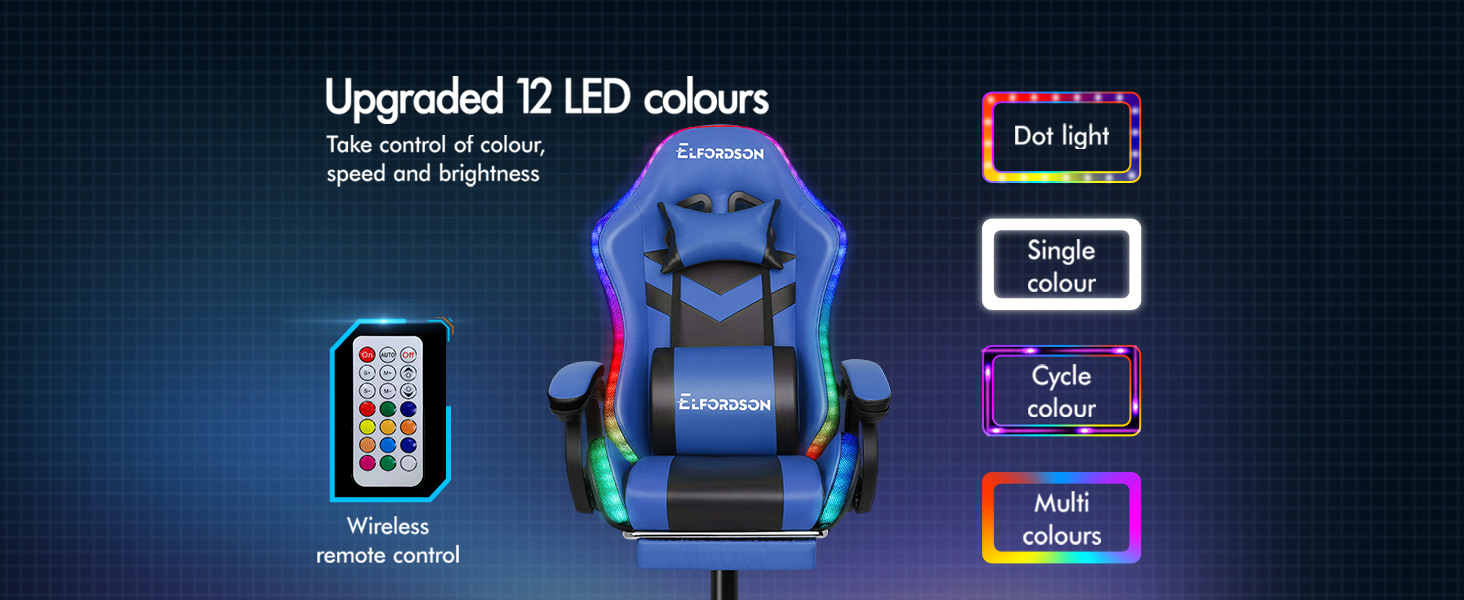 ELFORDSON Gaming Chair With RGB LED Light 8-Point Massage, Blue & Black 12 3-1