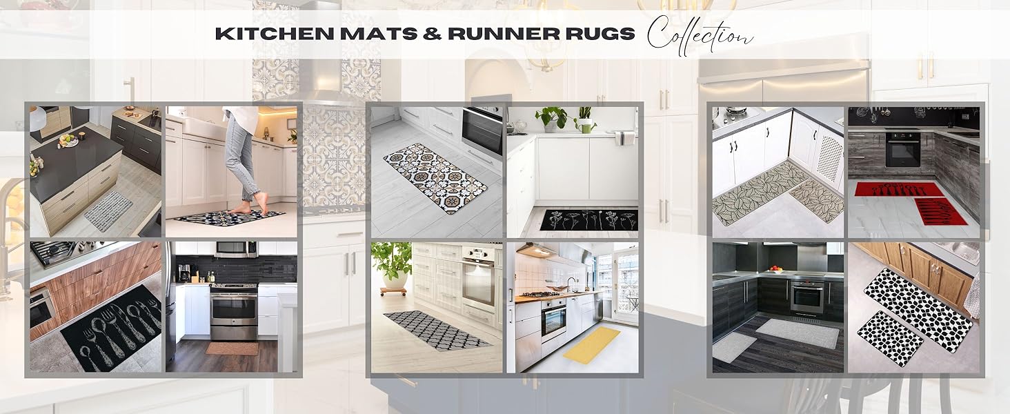 A collage of kitchen mats and runner rugs in diverse patterns or color in stylish kitchen interiors.