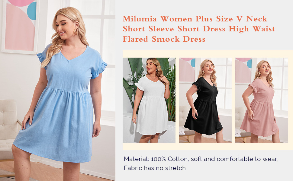 Milumia Women Plus Size V Neck Short Sleeve Short Dress High Waist Flared Smock Dress
