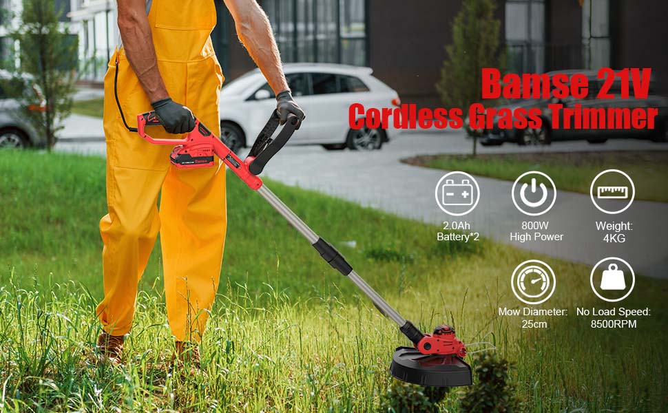 Bamse Cordless Grass Trimmer 21V, Cordless Strimmer Brushless with 2