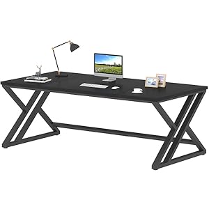 LVB Black Long Computer Desk, Large Industrial Pc Study Home Office Desk, Modern Wood Metal  DESK