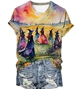 Halloween Witch Party Shirts for Women Casual Fall Midsummer Witches Gather T-Shirt Halloween Wit...