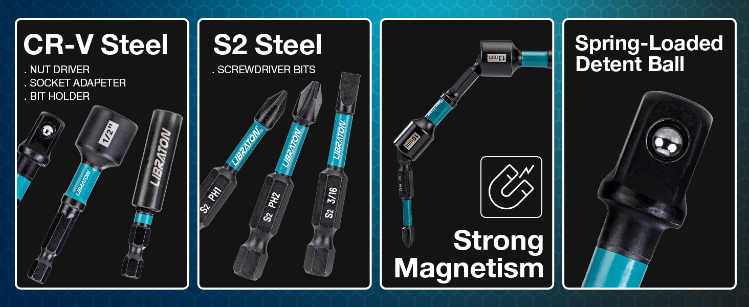 CR-V Steel SOCKET ADAPETER S2 Steel SCREWDRIVER BITS Strong Magnetism Spring-Loaded Detent Ball