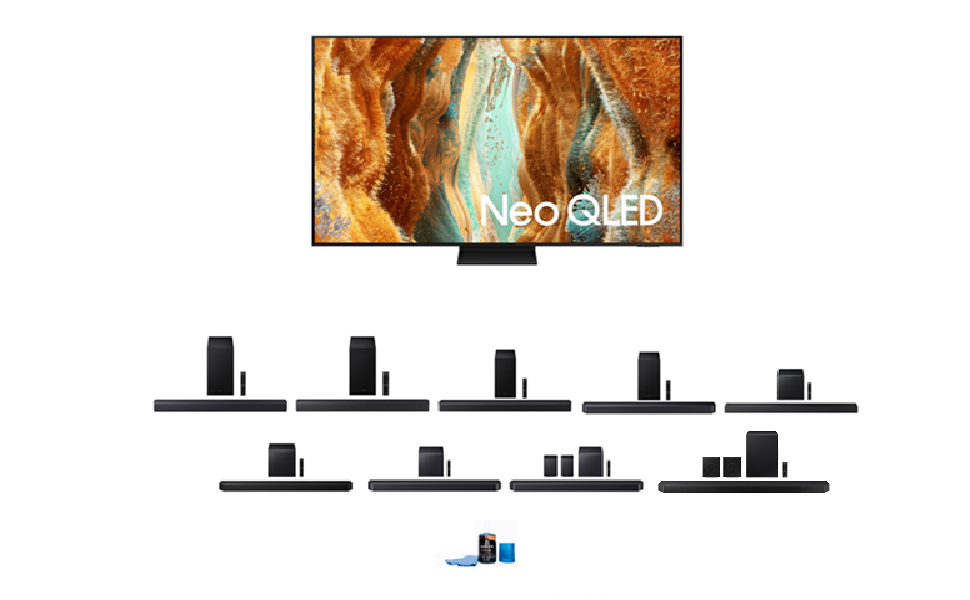 Samsung QN70FA Series TV with Samsung Soundbar and Amber Screen Cleaner