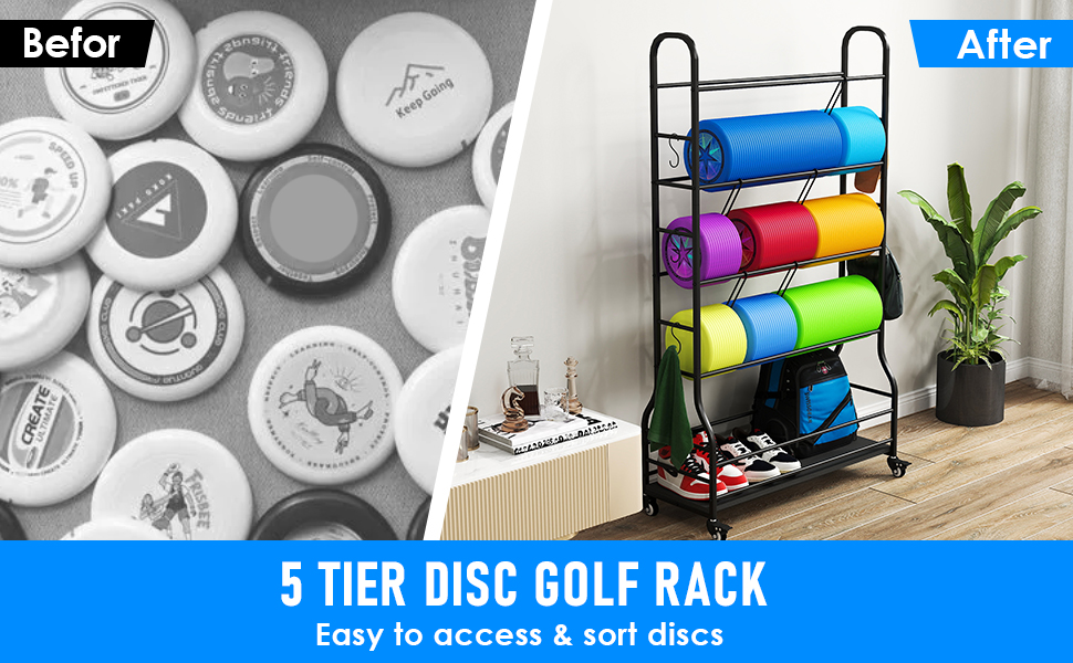 YAGEANNL 5 Tier Disc Golf Storage Rack with Wheels, 30 IN