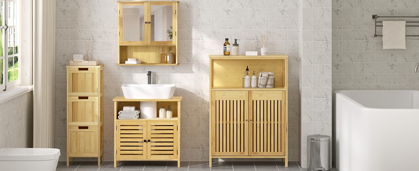Bathroom interior with light wood furniture including cabinets, shelves, and storage units against white tiled walls.