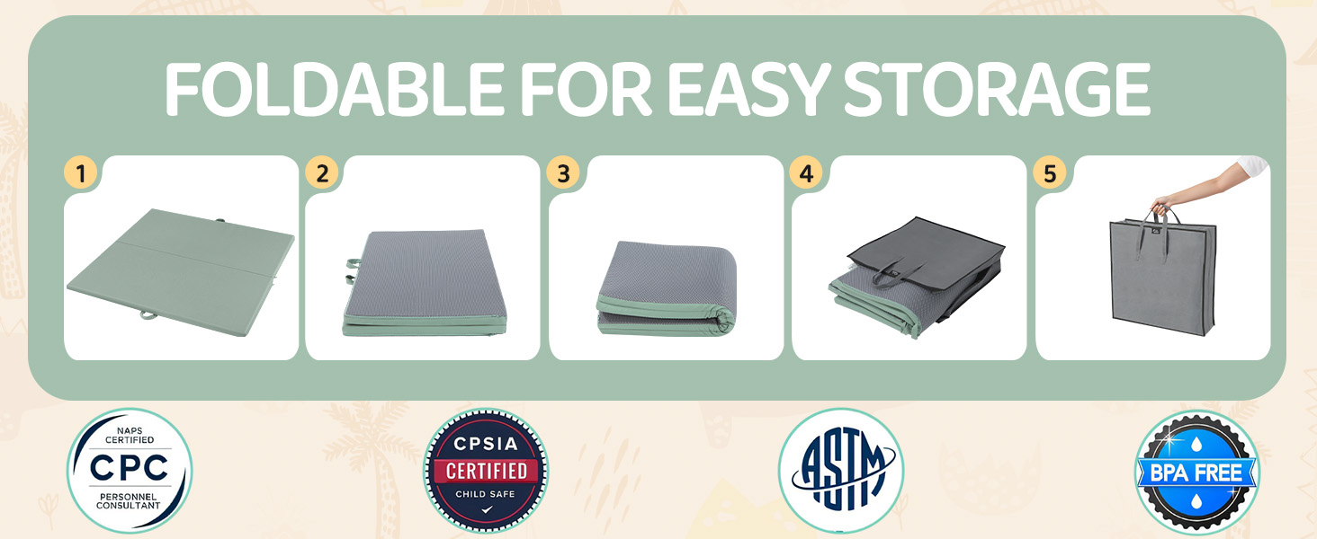 The mat is foldable for easy storage. It is CPC-certificated, CPSIA-certificated and BPA-free.