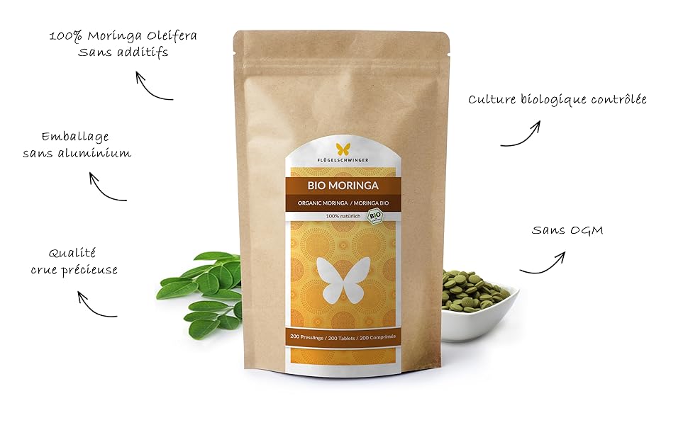 contenant un supplément de poudre de Moringa bio avec logo en forme de papillon, entouré d'annotations textuelles et d'un petit bol de graines vertes