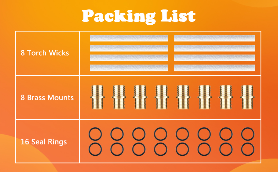 Wine Bottle Torch Kit 8 Pack, includes 8 Long Life Torch Wicks, Brass