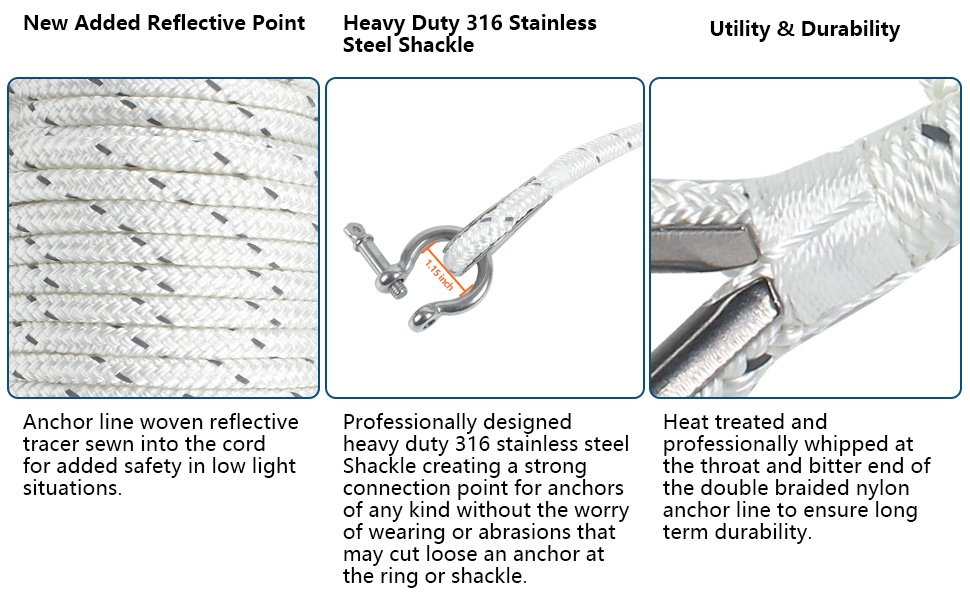 Anchor Rope 100 Ft, Double Braid Nylon Anchor Line with 316 Stainless Steel Thimble