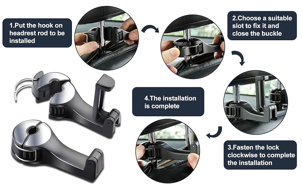 4 Pack Car Hooks with Phone Holder, Car Seat Hooks for Purses and Bags