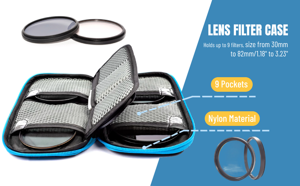 9 Pockets Lens Filter Case, Portable Nylon Camera Lens Filter Pouch Case Up to 82mm, Dustproof