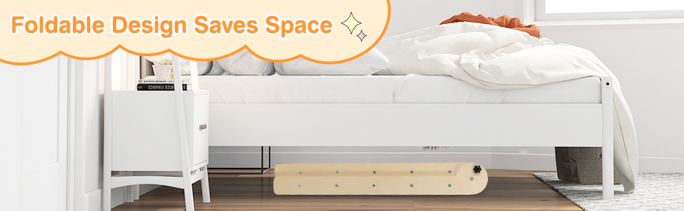 Text reads 'Foldable Design Saves Space'. Shows white bed frame or furniture piece with wooden accent in minimalist setting.