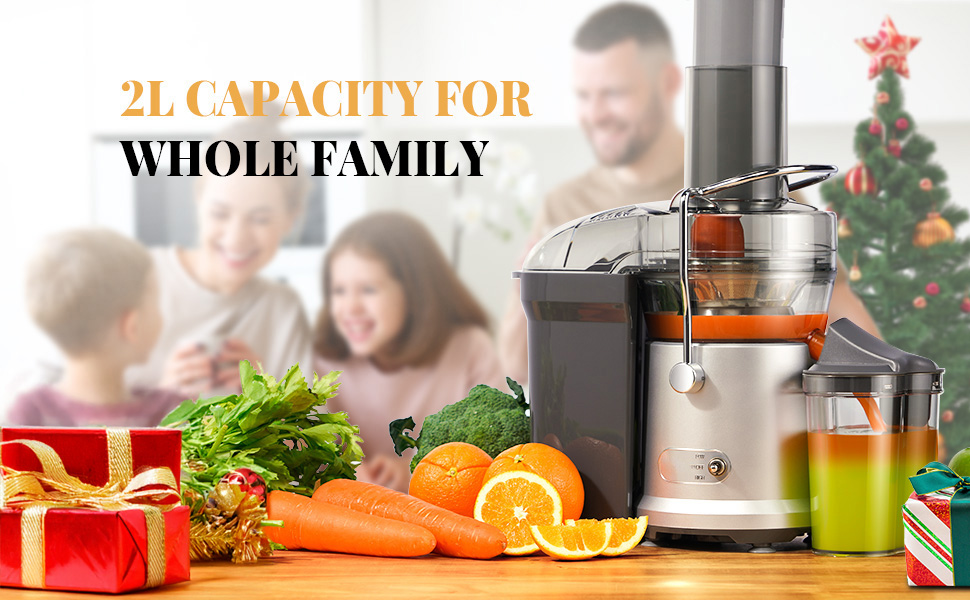 Electric juicer machine on wooden counter with fresh produce and juice glasses. Text indicates '2L capacity for whole family' usage.
