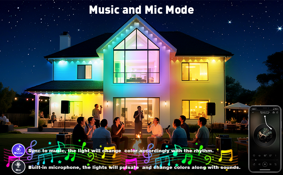 Text reads 'Music and Mic Mode'. Modern house illuminated at night with colorful LED lights and musical note graphics overlaid in foreground.