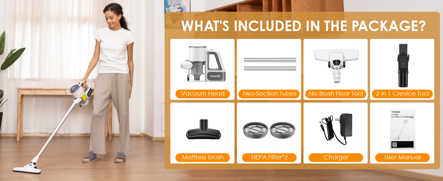 Text reads 'WHAT'S INCLUDED IN THE PACKAGE?' followed by product contents display. Shows cordless vacuum cleaner in use on hardwood floor with included accessories shown in detail panels.