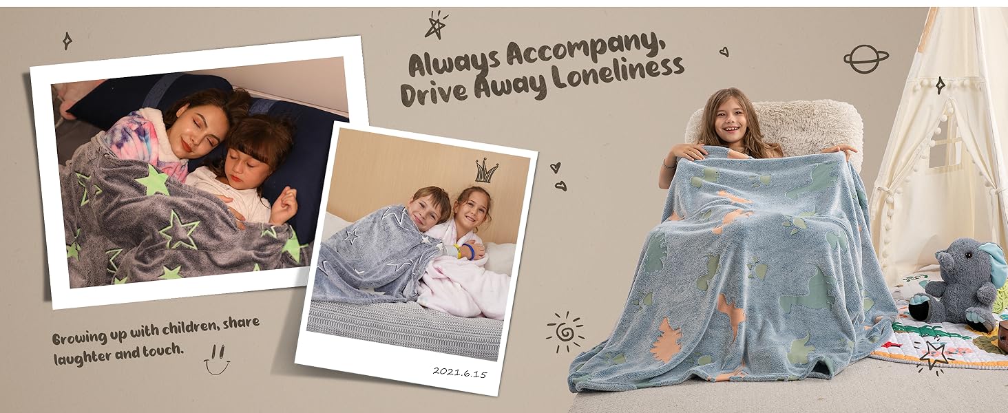 Collage of photos showing people wrapped in patterned blankets. Text reads 'Always Accompany, Drive Away Loneliness' suggesting comforting blanket product.