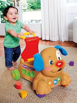 young kid walking puppy around the apartment