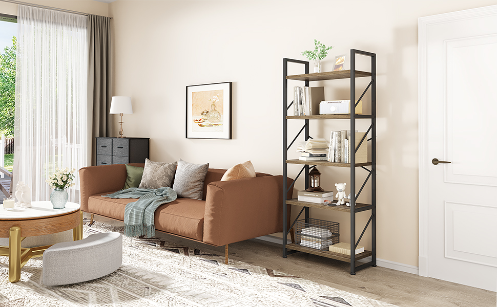 YITAHOME Bookcase 5 Tiers, Floor Standing Book Shelf, Wooden Shelf and