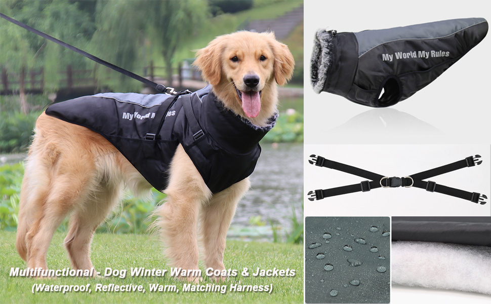 Dog Coat Reversible Waterproof Reflective Plush Jacket with Detachable