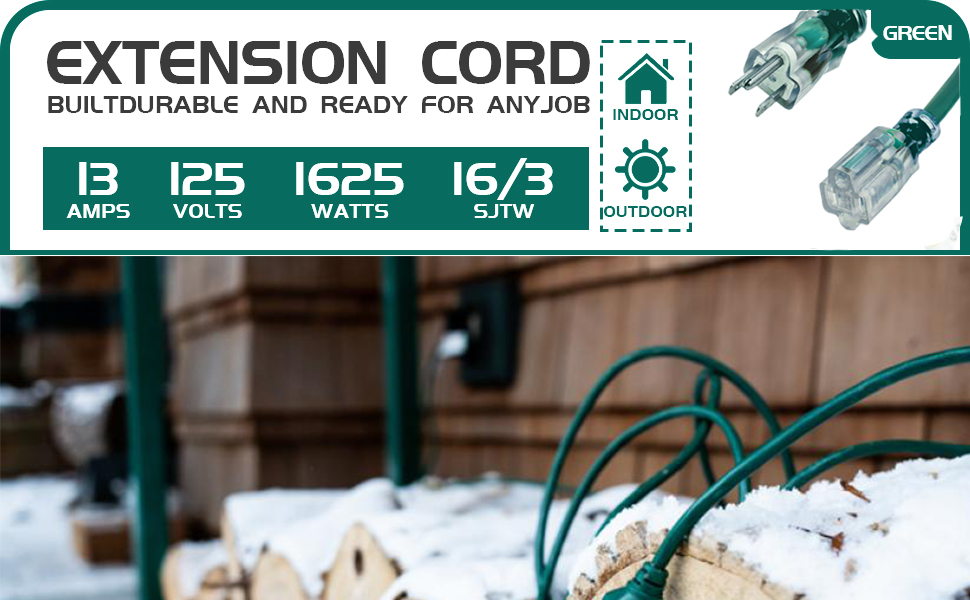 YOJOE 8 Foot Green Outdoor Lighted Extension Cord16/3 SJTW
