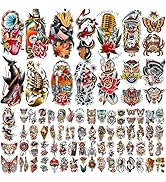 77 Sheets Vintage Temporary Tattoo, Old School Temporary Tatoos Flower Swallows Butterflies Tiger...