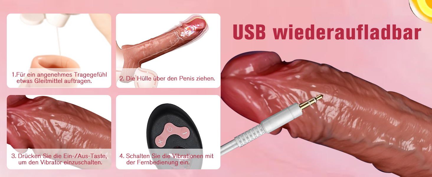 Der Text lautet 'USB wiederaufladbar'. Produktdemonstration mit vier Schritten oder einer Bedienungsanleitung vor einem rosafarbenen Hintergrund.