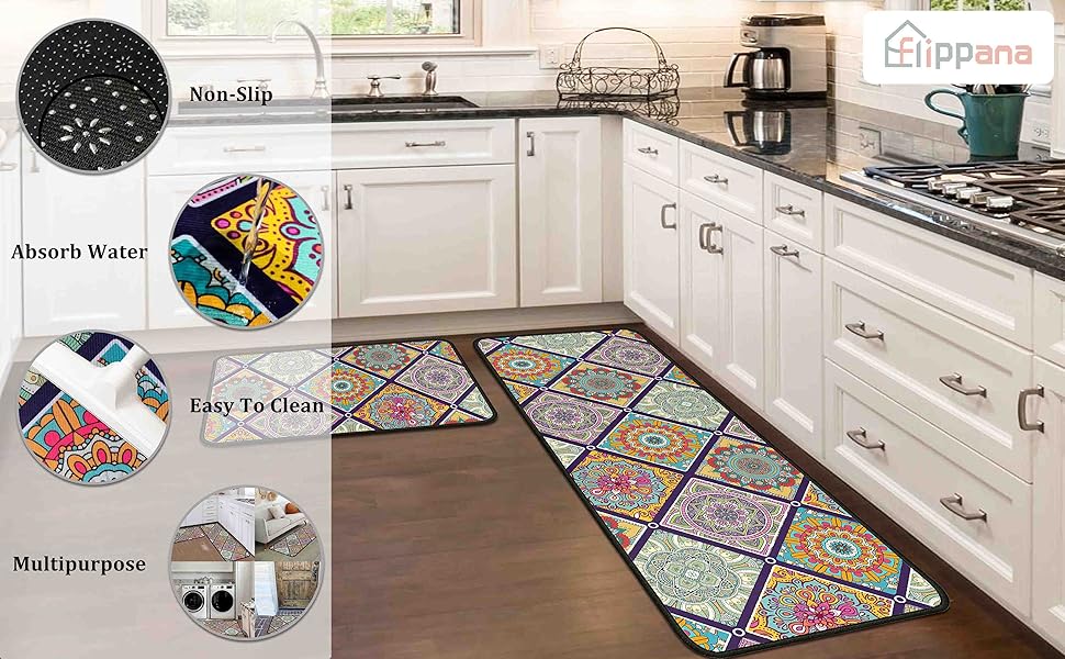 flippana Boho Kitchen Rugs and Mats for Floor, NonSlip