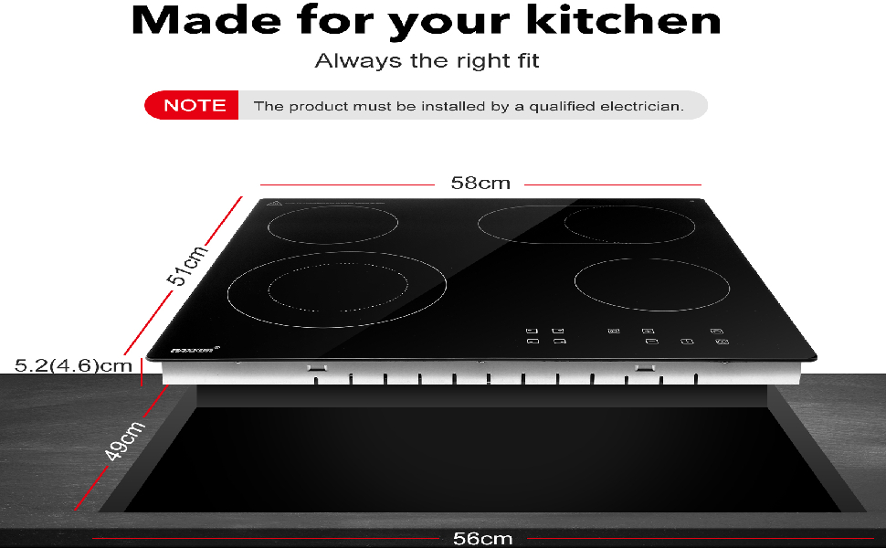 Maxkon Cooktop Stove Electric Cooktop Hob Cooker Ceramic Glass Top 4 Burners 6 Zones 60cm Touch