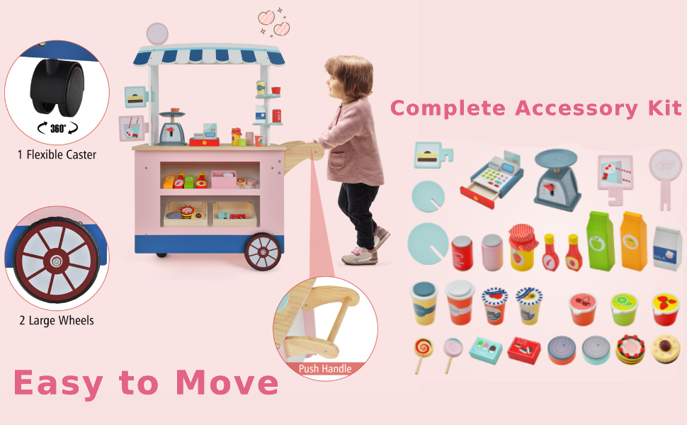 Mobile toy cart with striped awning, displaying various colorful toy accessories, wheels for mobility, and complete accessory kit components.
