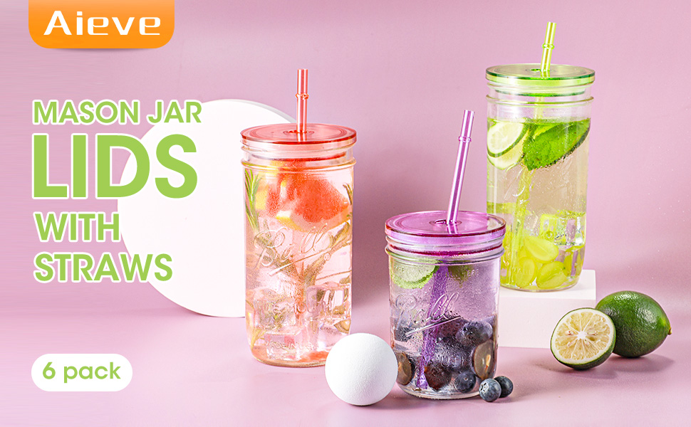Aieve Mason Jar Lids with Straws, 6 Set Wide Mouth Mason