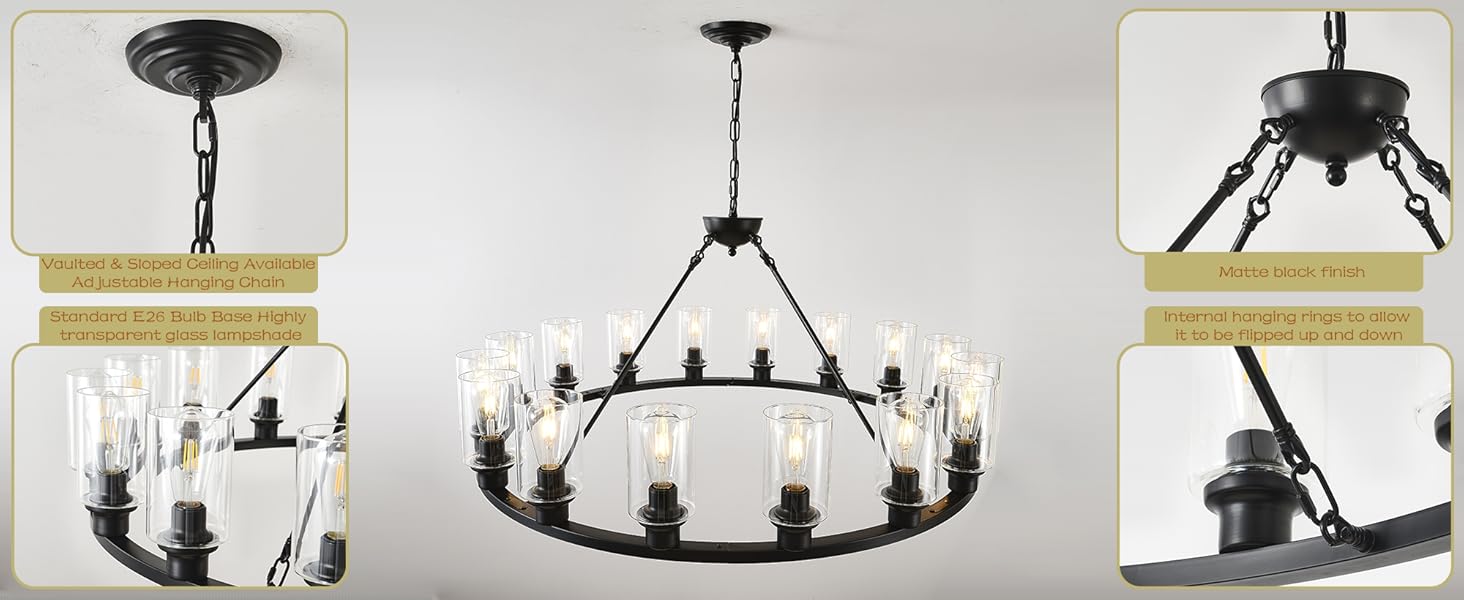 Wagon Wheel Chandelier with Glass Shape D40 Large Round Chandelier Lighting for High Ceiling