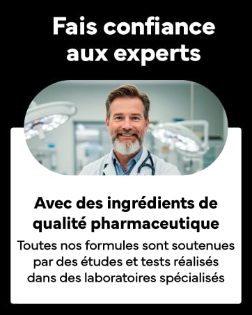 Publicité pour des produits pharmaceutiques avec texte en français. L'arrière-plan montre un cadre médical avec des éclairages opératoires. Met l'accent sur les ingrédients de qualité et les tests de laboratoire.