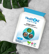 White bottle of HealthiCall liquid omega-3 supplement against white background, surrounded by green leaves. Label shows fish, algae, and squid icons.