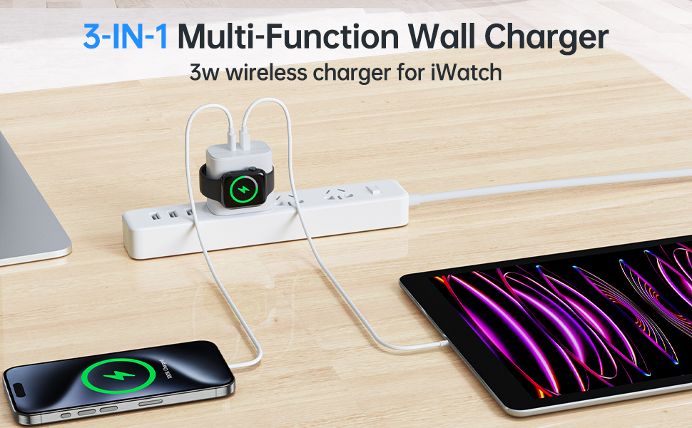 3 in 1 Charger Block with Builtin Watch Charger, 20W Portable Dual Ports Charging