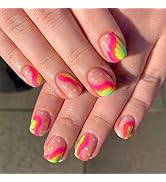 IMRAIN Summer Press on Nails Short Square Fake Nails Full Cover Rainbow French False Nails Cute G...