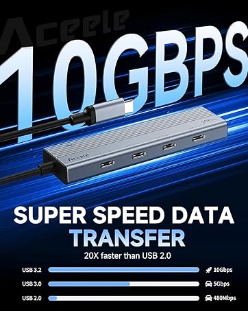 Technical product graphic showing 10GBPS data transfer speed comparison, with blue illuminated text and speed comparison bars.