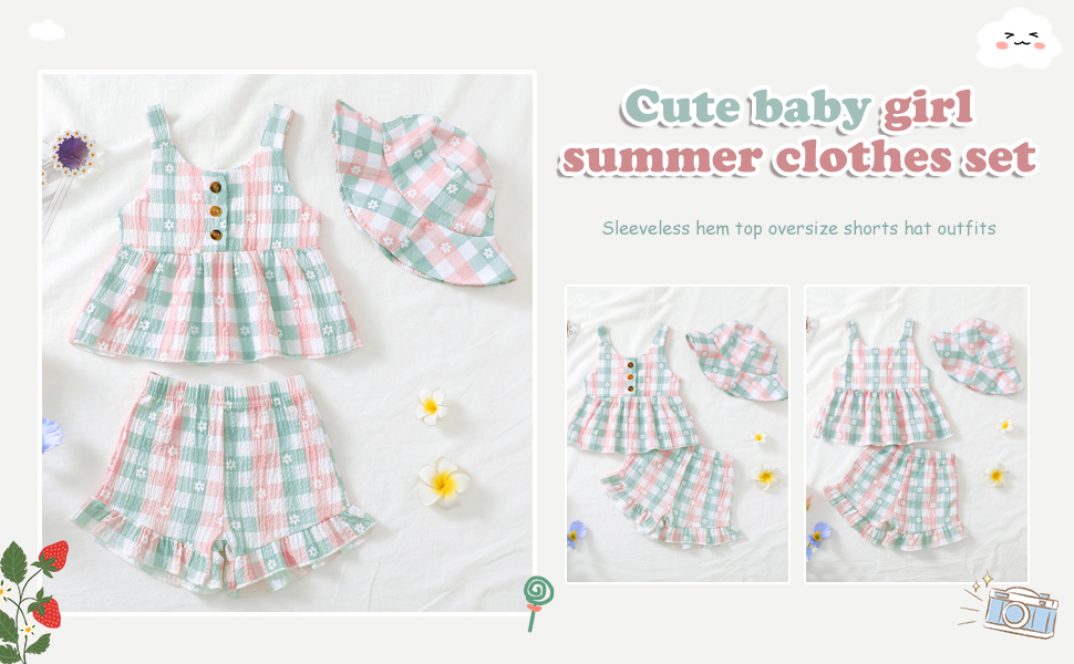 baby hat button floral top elastic waist shorts ruffle hem bottom plaid hat adorable cute set