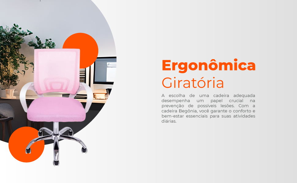  Cadeira de Escritório Begonia Tela Mesh Ergonômica Rosa 