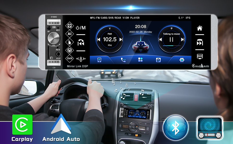 DAB Autoradio Carplay&Android Auto Bluetooth 1 Din mit AI Sprachassistent 5,1 Zoll Touchscreen