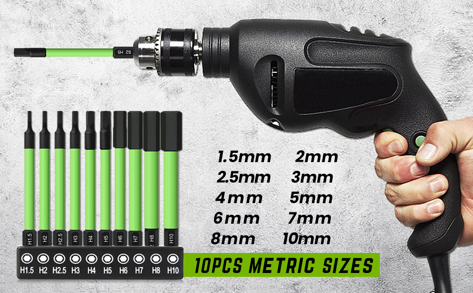 Impact Drill Allen Key Bit Set, 10PCS Hex Bit Set H1.5H10 Allen Key