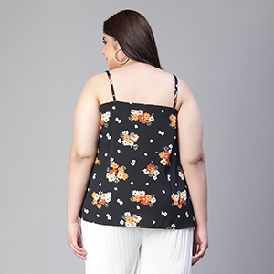 Women Plus Size Black Shoulder Strap V- Neck Floral Print Sleeveless Top