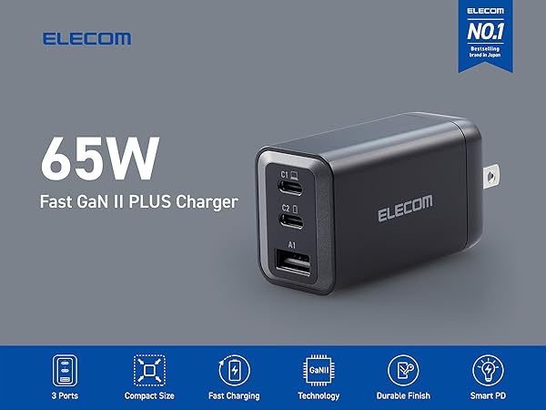 Elecom Wall Charger 65 watt 3 Port