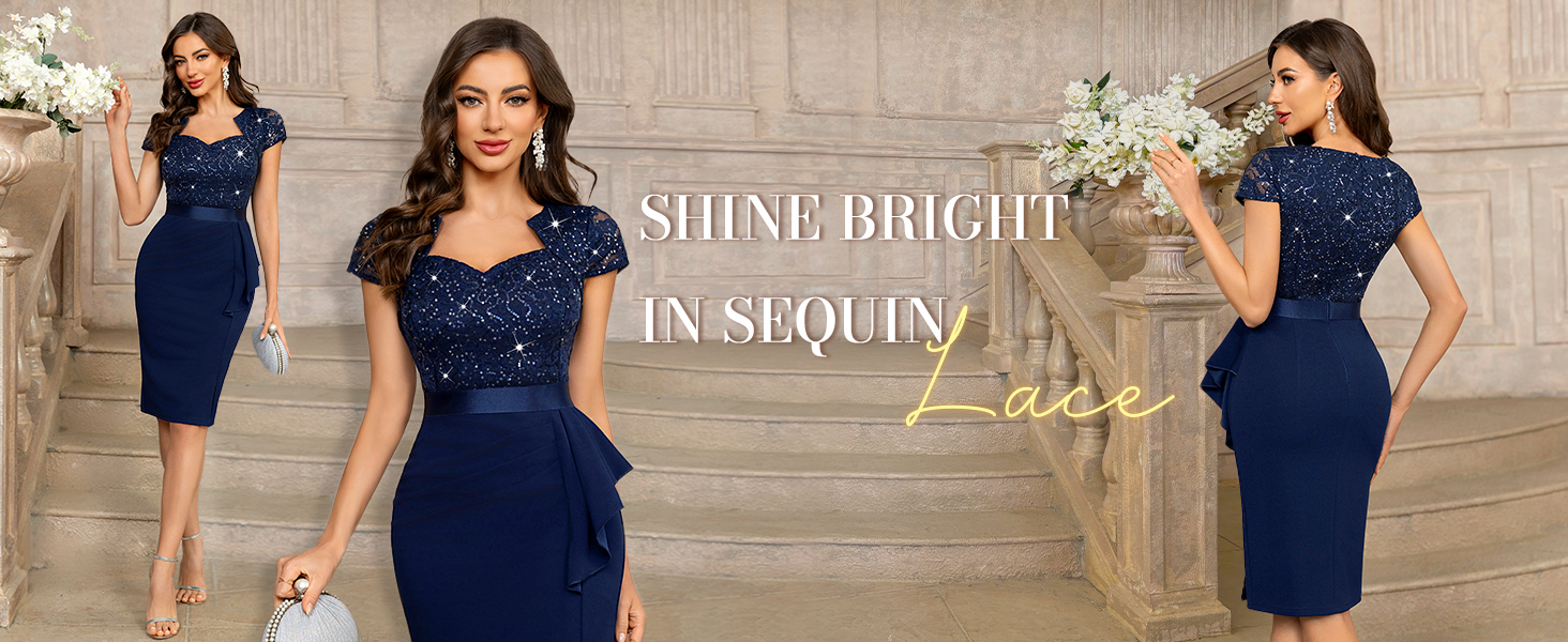 Elegant Square Neck Glitter Sequin Lace Cocktail Dress