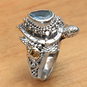 NOVICA Artisan Handmade Multi Gemstone Cocktail Ring Turtle Theme from Bali .