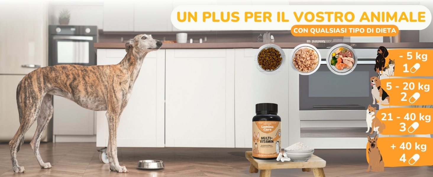Prodotto integratore per animali domestici in cucina con un cane. Il grafico mostra il dosaggio in base al peso dell'animale. Il testo arancione in italiano indica i benefici per gli animali.